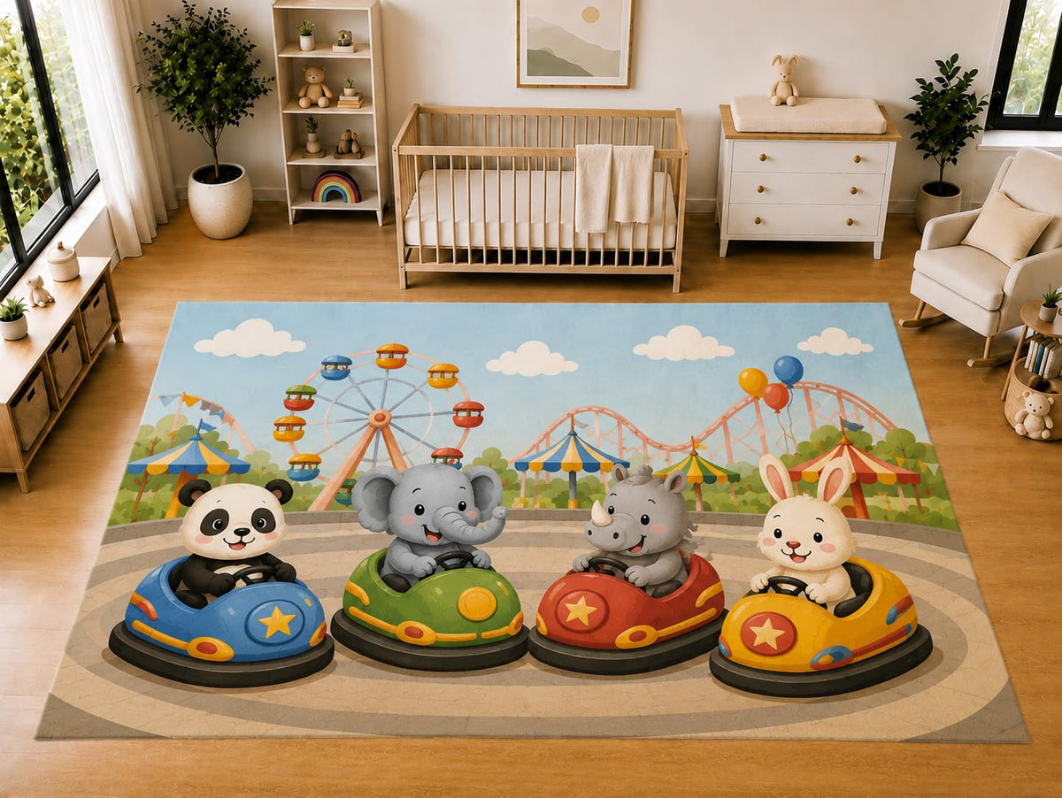ICE ARMOR "Ultra Light Weight Large 6'7 x 9'10 Amusement Park Animals Area Rug for Kids Room Nursery Playroom Soft Low Pile Indoor Carpet Bumper Car Floor Decor