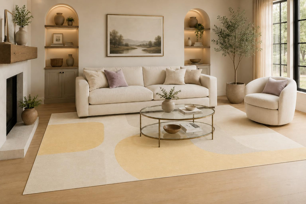 ICE ARMOR Large 6'7" x 9'10" Cream and Yellow Rounded Abstract Shapes Area Rug for Living Room, Soft Low Pile Carpet with Non-Slip Silicone Backing, Decor for Bedroom and Home Office