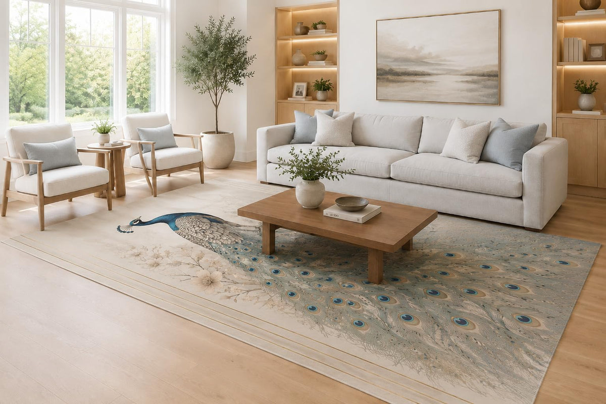 ICE ARMOR Large 6'7" x 9'10" Teal and Beige Peacock Blossom Tail Area Rug for Living Room, Soft Low Pile Carpet with Non-Slip Silicone Backing, Decor for Bedroom, Dining Area and Home Office