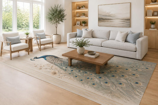 ICE ARMOR Large 6'7" x 9'10" Teal and Beige Peacock Blossom Tail Area Rug for Living Room, Soft Low Pile Carpet with Non-Slip Silicone Backing, Decor for Bedroom, Dining Area and Home Office