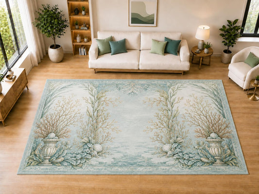 ICE ARMOR "Ultra Light Weight Large 6'7" x 9'10" Coral Urn Botanical Area Rug for Dining, Living Room, Bedroom, Soft Low Pile Indoor Rug with Non-Slip Silicone Backing, Aqua Beige