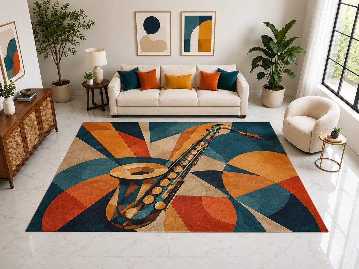 ICE ARMOR "Ultra Light Weight Large 6'7" x 9'10" Saxophone Geometric Rug, Soft Low Pile Indoor Rug, Non-Slip Silicone Backing for Living Room Orange