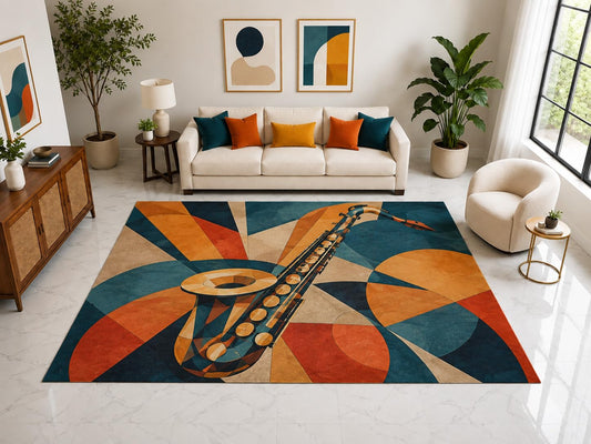 ICE ARMOR "Ultra Light Weight Large 6'7" x 9'10" Saxophone Geometric Rug, Soft Low Pile Indoor Rug, Non-Slip Silicone Backing for Living Room Orange