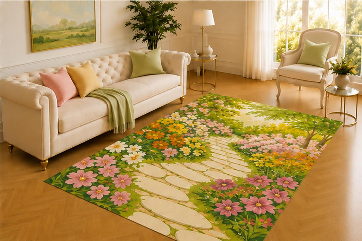ICE ARMOR 5' x 7' Garden Path Rug, Stone Walkway Surrounded by Pink, White and Golden Flowers, Fresh Accent for Living Room, Sunroom, Hallway or Foyer