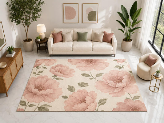 ICE ARMOR "Ultra Light Weight Large 6'7" x 9'10" Blush Peony Rug, Soft Low Pile Indoor Rug, Non-Slip Silicone Backing for Living Room Pink Cream