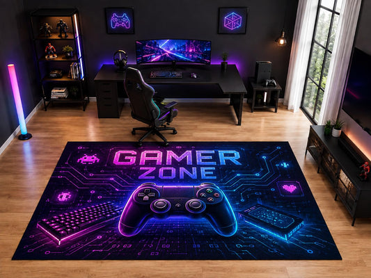 ICE ARMOR "Ultra Light Weight Large 6'7" x 9'10" Gamer Zone Controller Keyboard Area Rug for Bedroom Office, Soft Low Pile Indoor Rug and Non-Slip Silicone Backing, Black