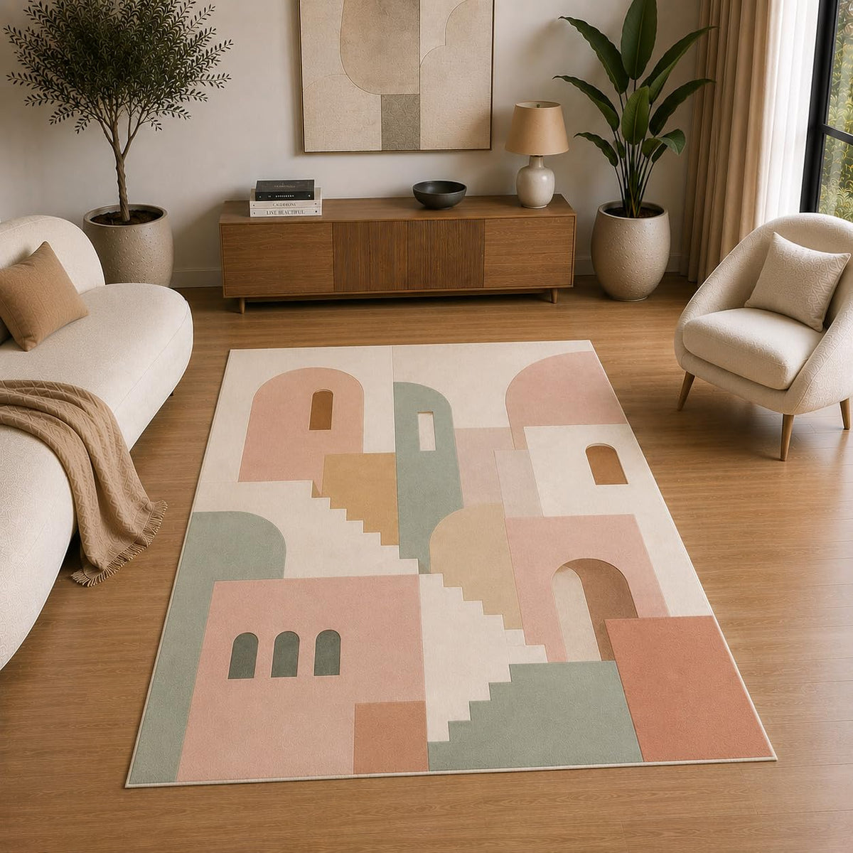 ICE ARMOR 5' x 7' Pastel Mediterranean Village Area Rug for Living Room, Soft Low Pile Indoor Rug with Non-Slip Silicone Backing, Decorative Carpet for Bedroom, Nursery, Family Room, Pink