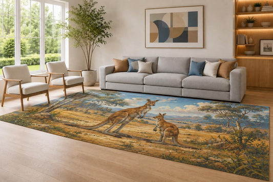 ICE ARMOR Large 6'7" x 9'10" Blue and Brown Kangaroo Pair Area Rug for Living Room, Soft Low Pile Carpet with Non-Slip Silicone Backing, Decor for Bedroom Dining Room and Home Office