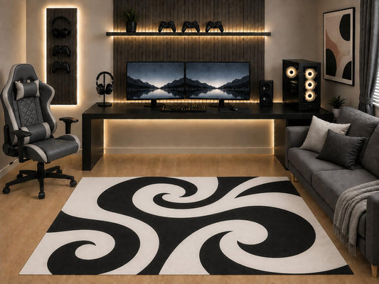 ICE ARMOR "Ultra Light Weight 5' x 7' Black White Spiral Swirl Area Rug Modern Abstract Optical Art for Gaming Room Bedroom Living Room Non-Slip Silicone Backing Low Pile