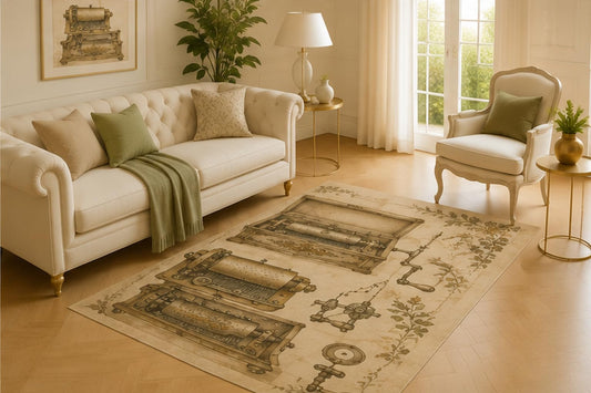 ICE ARMOR 5' x 7' Antique Music Box Illustration Area Rug for Living Room, Soft Low Pile Floor Cover with Non-Slip Silicone Backing for Bedroom, Dining Room, Office, Kids and Pets