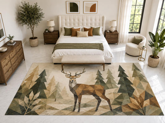 ICE ARMOR "Ultra Light Weight Large 6'7" x 9'10" Deer Forest Rug, Soft Low Pile Indoor Rug, Non-Slip Silicone Backing for Bedroom Brown Green
