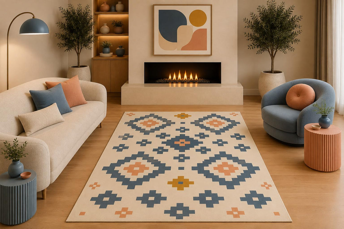 ICE ARMOR 5' x 7' Southwestern Geometric Area Rug Tribal Diamond Pattern Cream Blue Peach Mustard for Living Room Bedroom Dining Room Non-Slip Silicone Backing Low Pile