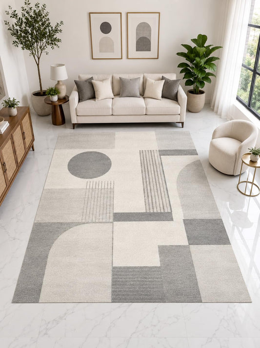 ICE ARMOR Large 6'7" x 9'10" Modern Bauhaus Geometric Area Rug, Soft Low Pile Indoor Rug with Non-Slip Silicone Backing for Living Room, Ivory Gray