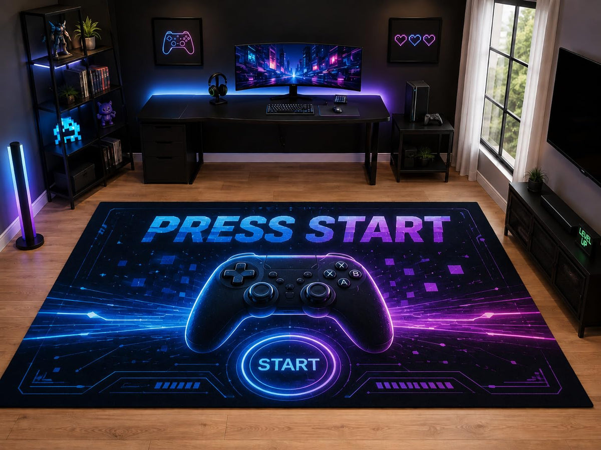 ICE ARMOR "Ultra Light Weight Large 6'7" x 9'10" Press Start Gaming Controller Area Rug for Kids Room, Soft Low Pile Indoor Rug and Non-Slip Silicone Backing, Black