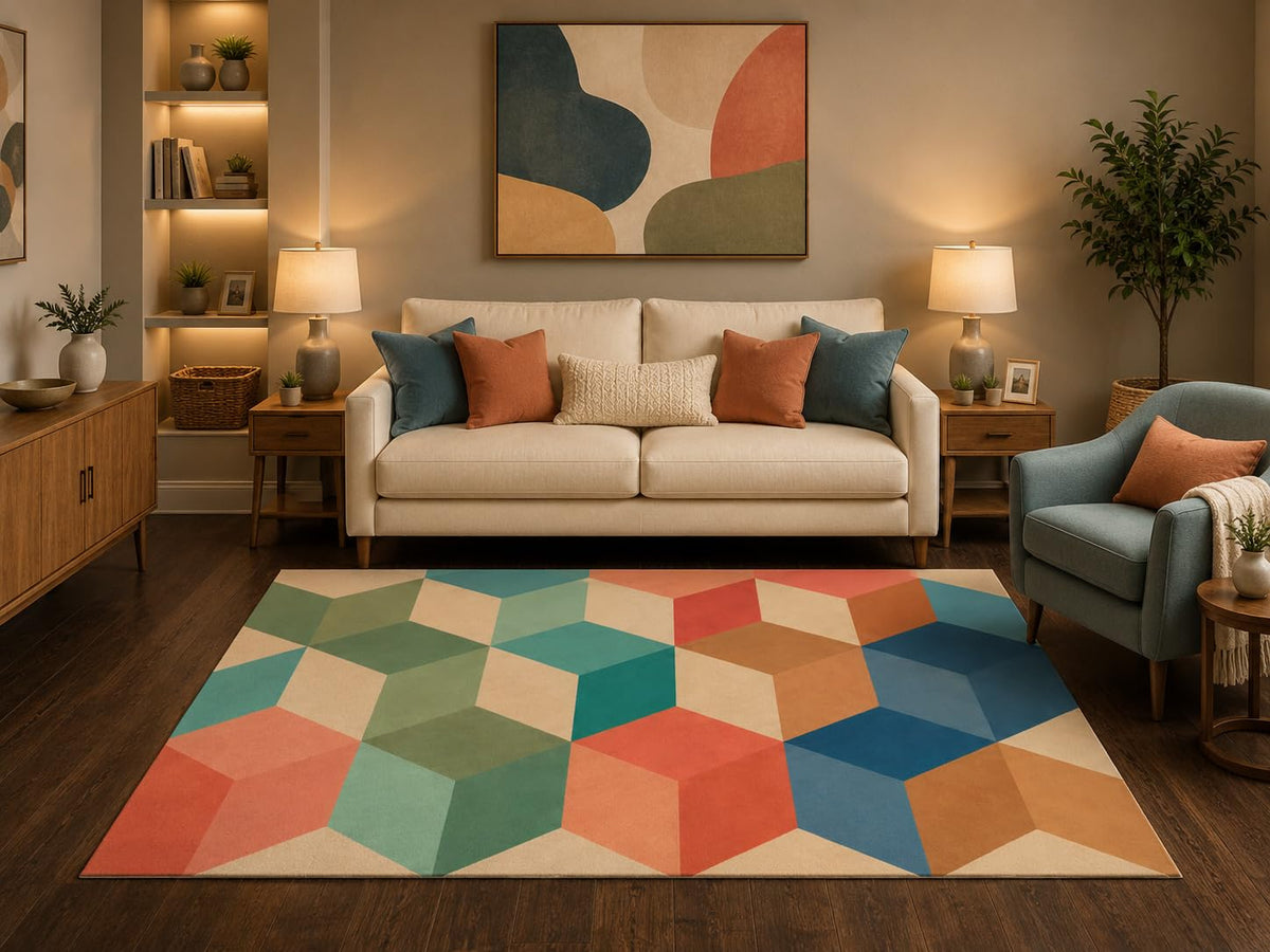 ICE ARMOR 5' x 7' Mid Century Modern Geometric Area Rug Colorful Mosaic Cube Pattern Scandinavian Abstract Design for Living Room Bedroom Playroom Non-Slip Silicone Backing Low Pile