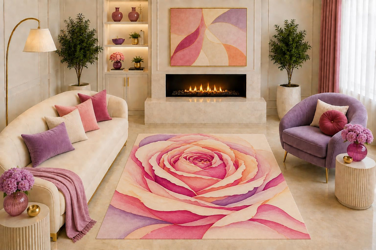ICE ARMOR "Ultra Light Weight 5' x 7' Pink Rose Area Rug Oversized Floral Blossom Art Peach Lavender Cream for Living Room Bedroom Girls Room Nursery Non-Slip Silicone Backing Low Pile