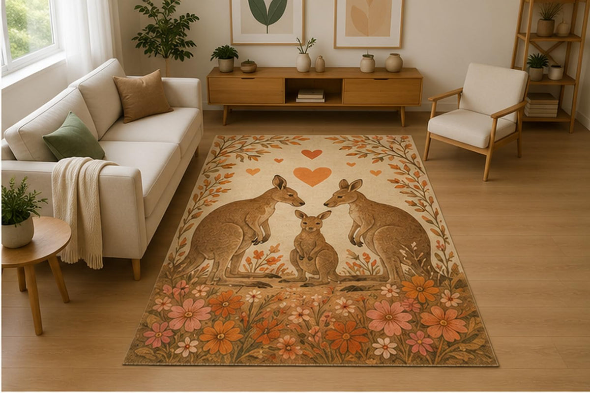 ICE ARMOR 5' x 7' Kangaroo Family Sunset Wildlife Area Rug Soft Low Pile Indoor Rug, Non Slip Silicone Backing Australian Animal Decor Carpet for Living Room Bedroom Family Room Kids & Pets Orange