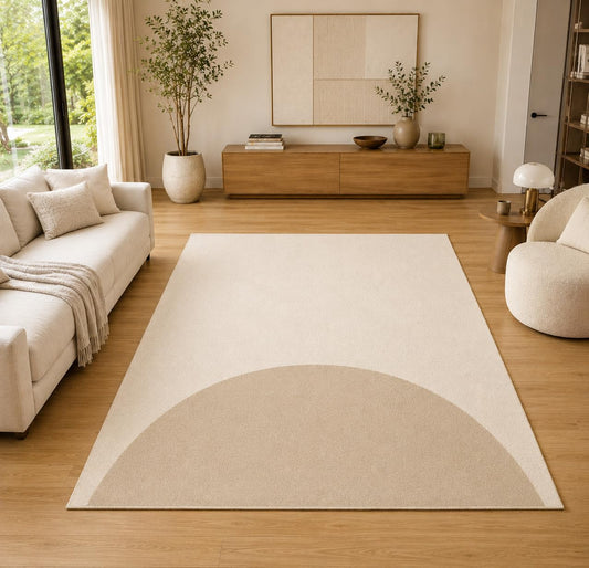 ICE ARMOR 5' x 7' Minimalist Half Circle Area Rug for Living Room, Soft Low Pile Indoor Rug with Non-Slip Silicone Backing, Decorative Carpet for Bedroom, Office, Family Room, Beige