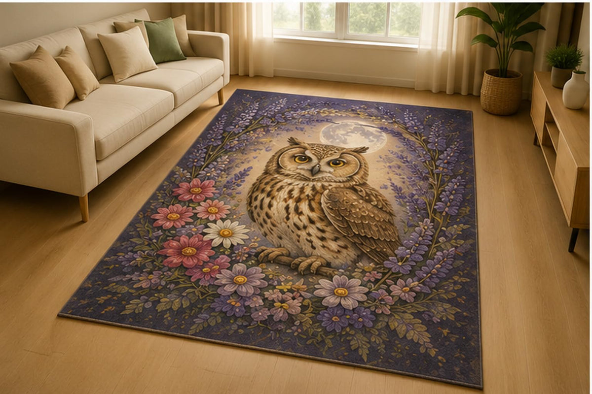 ICE ARMOR 5' x 7' Moonlit Owl Lavender Wreath Area Rug for Living Room, Soft Low Pile Indoor Rug with Non-Slip Silicone Backing, Woodland Wildlife Decor for Bedroom, Office, Family Room, Purple