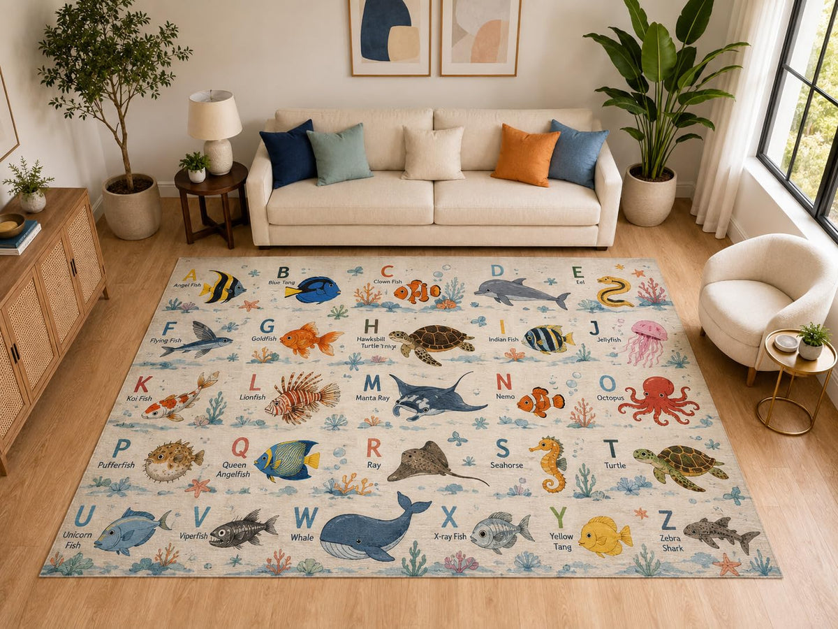 ICE ARMOR "Ultra Light Weight Large 6'7" x 9'10" Ocean Animal Alphabet Area Rug for Kids Room, Soft Low Pile Indoor Rug and Non-Slip Silicone Backing, Beige