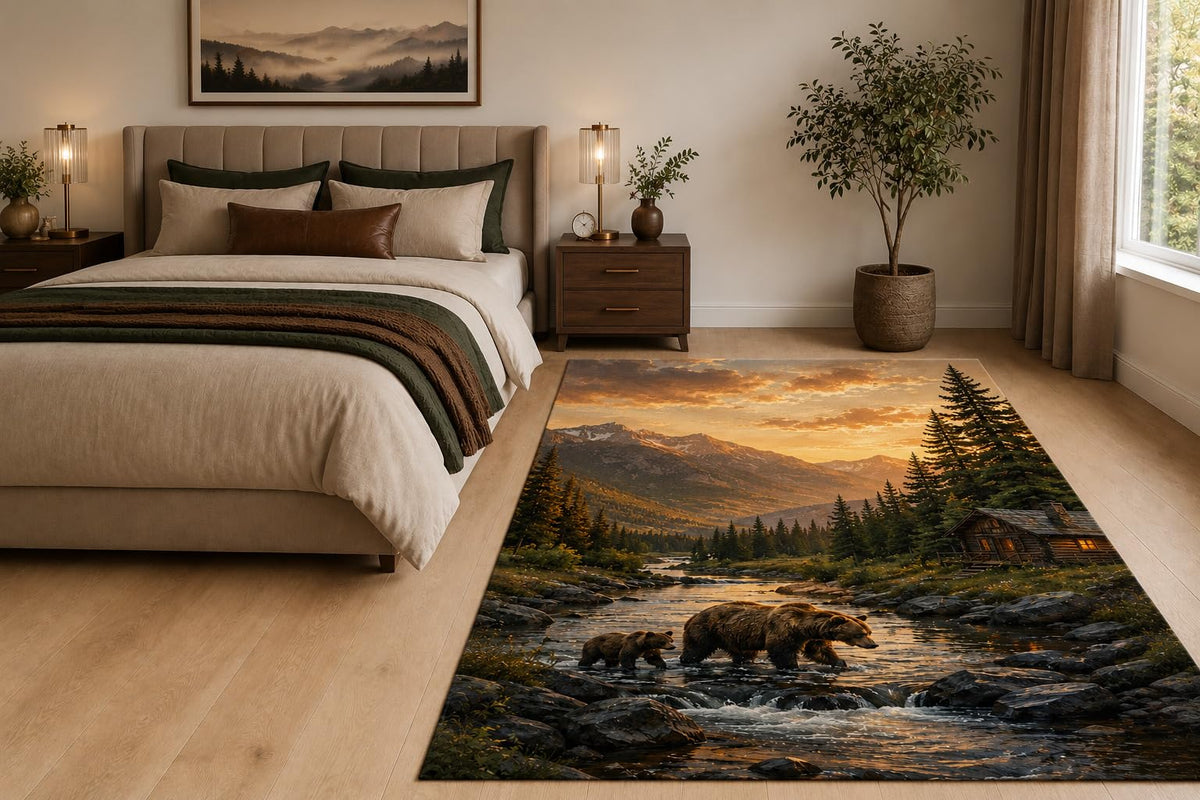 ICE ARMOR "Ultra Light Weight 5' x 7' River Bear Family Area Rug for Living Room, Bedroom and Home Office, Soft Low Pile Carpet with Non-Slip Silicone Backing, Brown and Green
