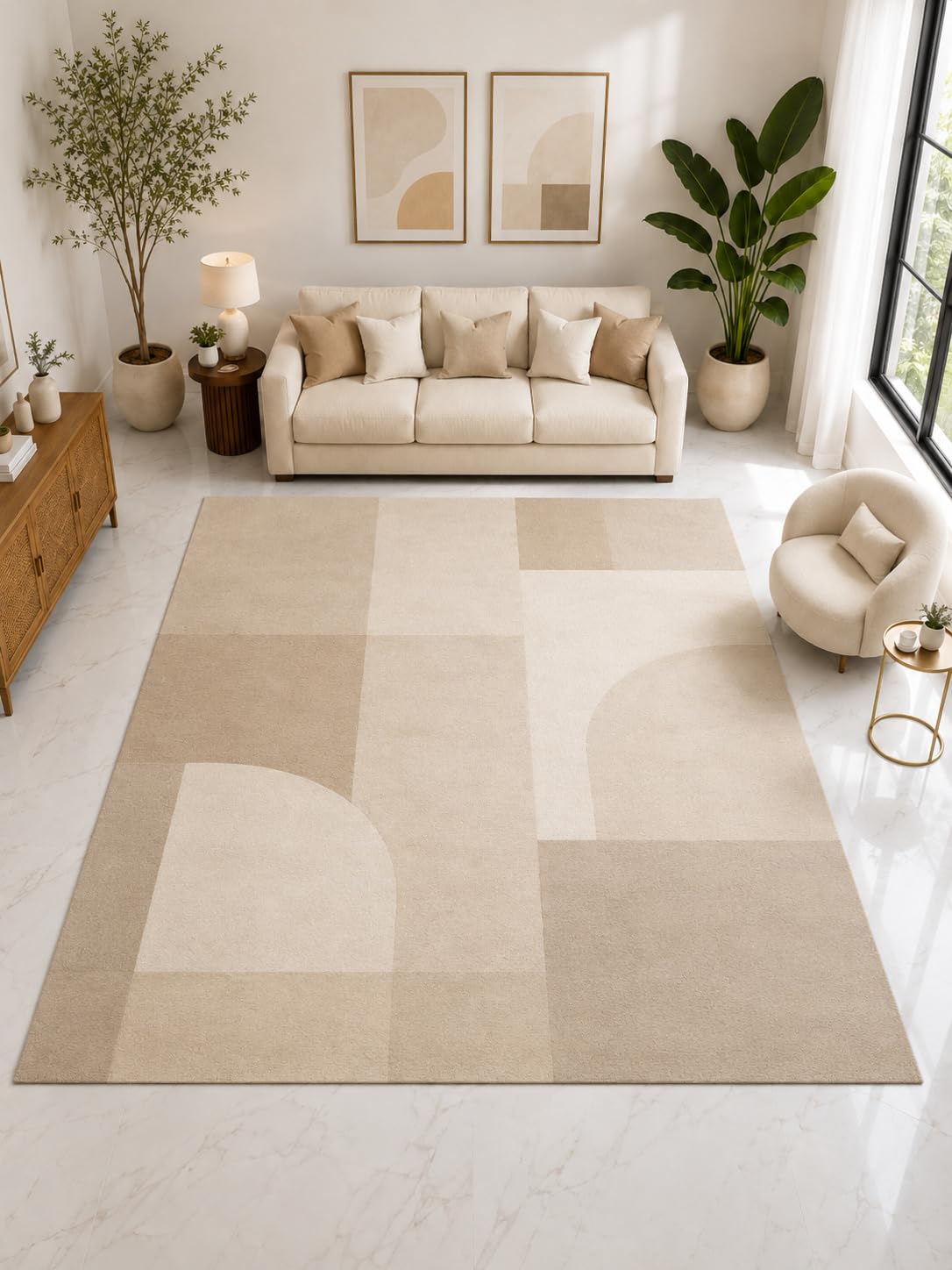 ICE ARMOR Large 6'7" x 9'10" Abstract Layered Wave Area Rug, Soft Low Pile Indoor Rug with Non-Slip Silicone Backing for Living Room Bedroom, Beige Gray