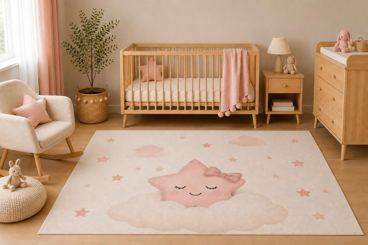 ICE ARMOR 5' x 7' Pink Sleeping Star Nursery Area Rug, Cute Cloud Celestial Baby Girl Bedroom Playroom Decor, Non-Slip Silicone Backing Low Pile Carpet