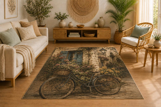 ICE ARMOR 5' x 7' Vintage Bicycle Cottage Area Rug for Living Room, Soft Low Pile Indoor Rug with Non-Slip Silicone Backing, Decorative Carpet for Bedroom, Office, Brown