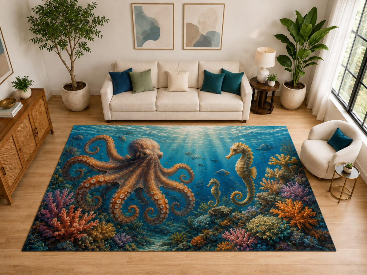 ICE ARMOR "Ultra Light Weight Large 6'7" x 9'10" Octopus Seahorse Reef Rug for Bedroom, Soft Low Pile Indoor Rug and Non-Slip Silicone Backing, Blue