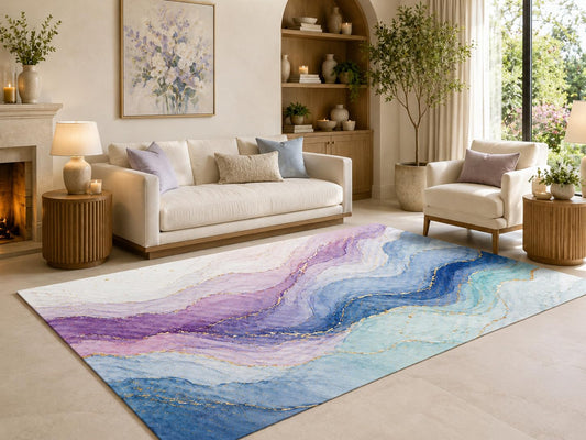 ICE ARMOR 6'7" x 9'10" Lavender Blue Marble Area Rug for Living Room, Soft Low Pile Carpet with Non-Slip Silicone Backing, for Bedroom, Dining Area and Office, Multicolored, Cozy Interior Decor