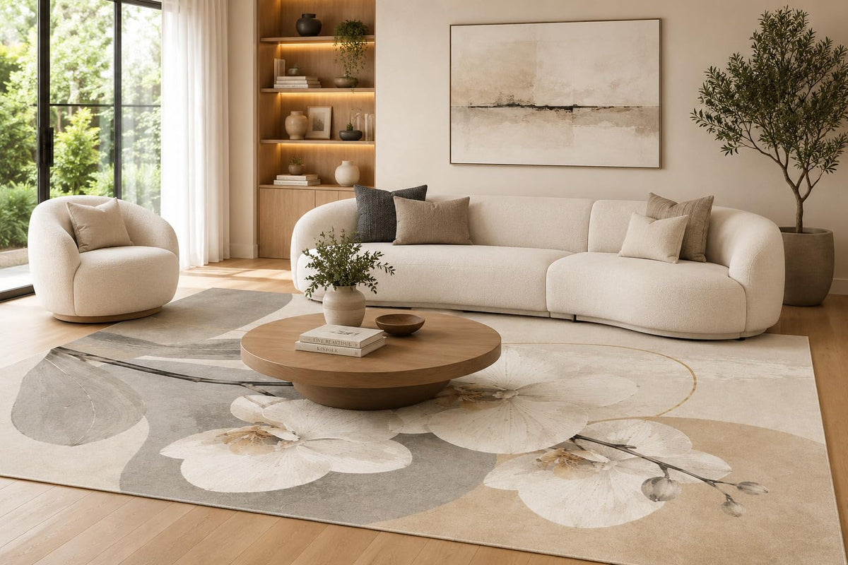 ICE ARMOR 6'7" x 9'10" Cream Gray and Beige Orchid Area Rug with White Flowers and Layered Circular Shapes, Soft Low Pile Non-Slip Indoor Carpet for Living Room and Bedroom
