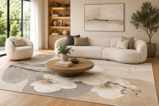 ICE ARMOR 6'7" x 9'10" Cream Gray and Beige Orchid Area Rug with White Flowers and Layered Circular Shapes, Soft Low Pile Non-Slip Indoor Carpet for Living Room and Bedroom
