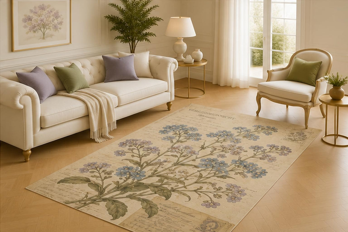ICE ARMOR 5' x 7' Forget-Me-Not Botanical Area Rug for Living Room, Soft Low Pile Carpet with Non-Slip Silicone Backing for Bedroom, Reading Corner, Office, Kids and Pets