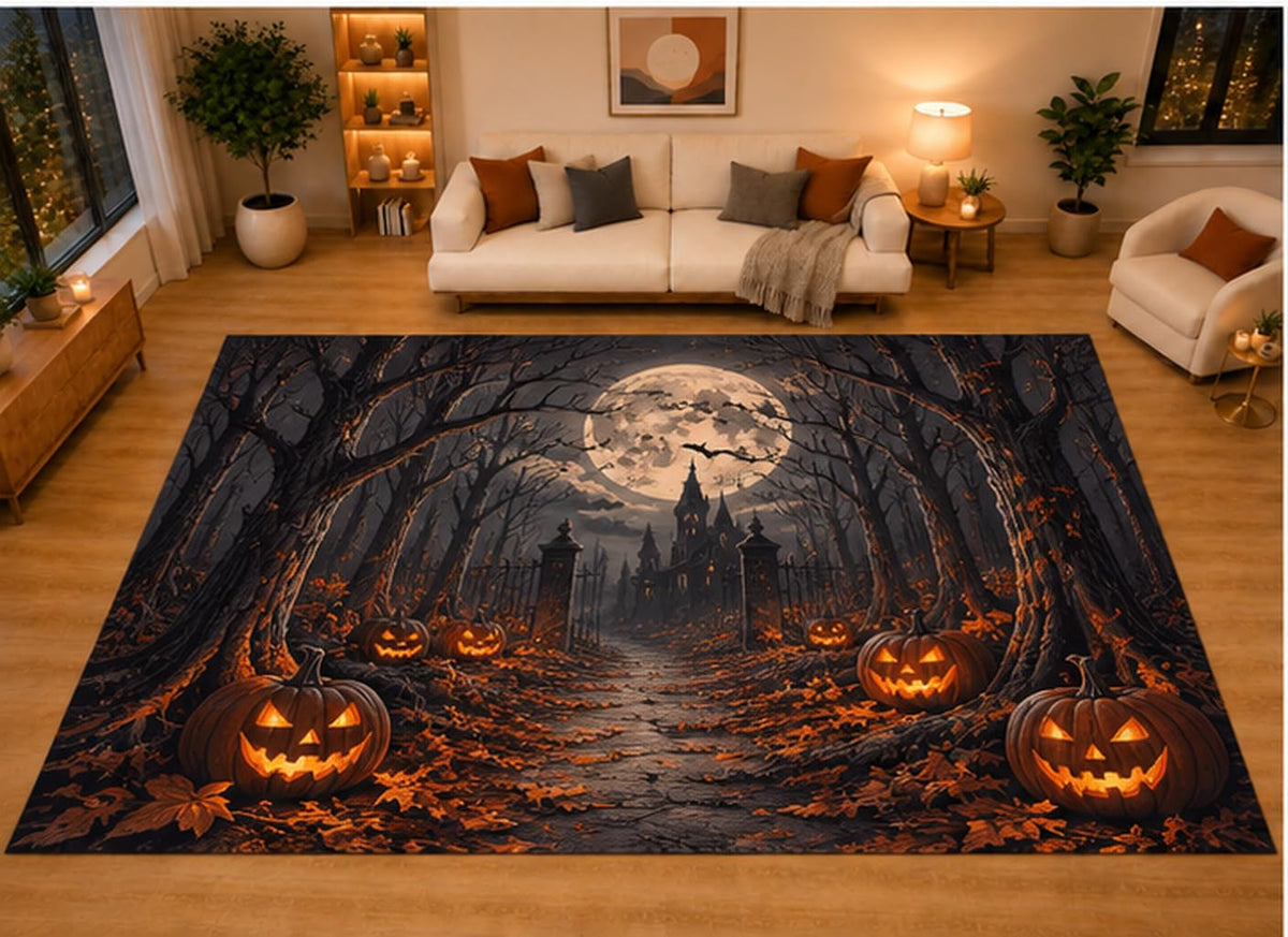 ICE ARMOR "Ultra Light Weight Large 6'7" x 9'10" Haunted Forest Pumpkin Full Moon Area Rug for Living Room Bedroom, Soft Low Pile Non-Slip Backing, Black Orange Spooky Halloween Decor