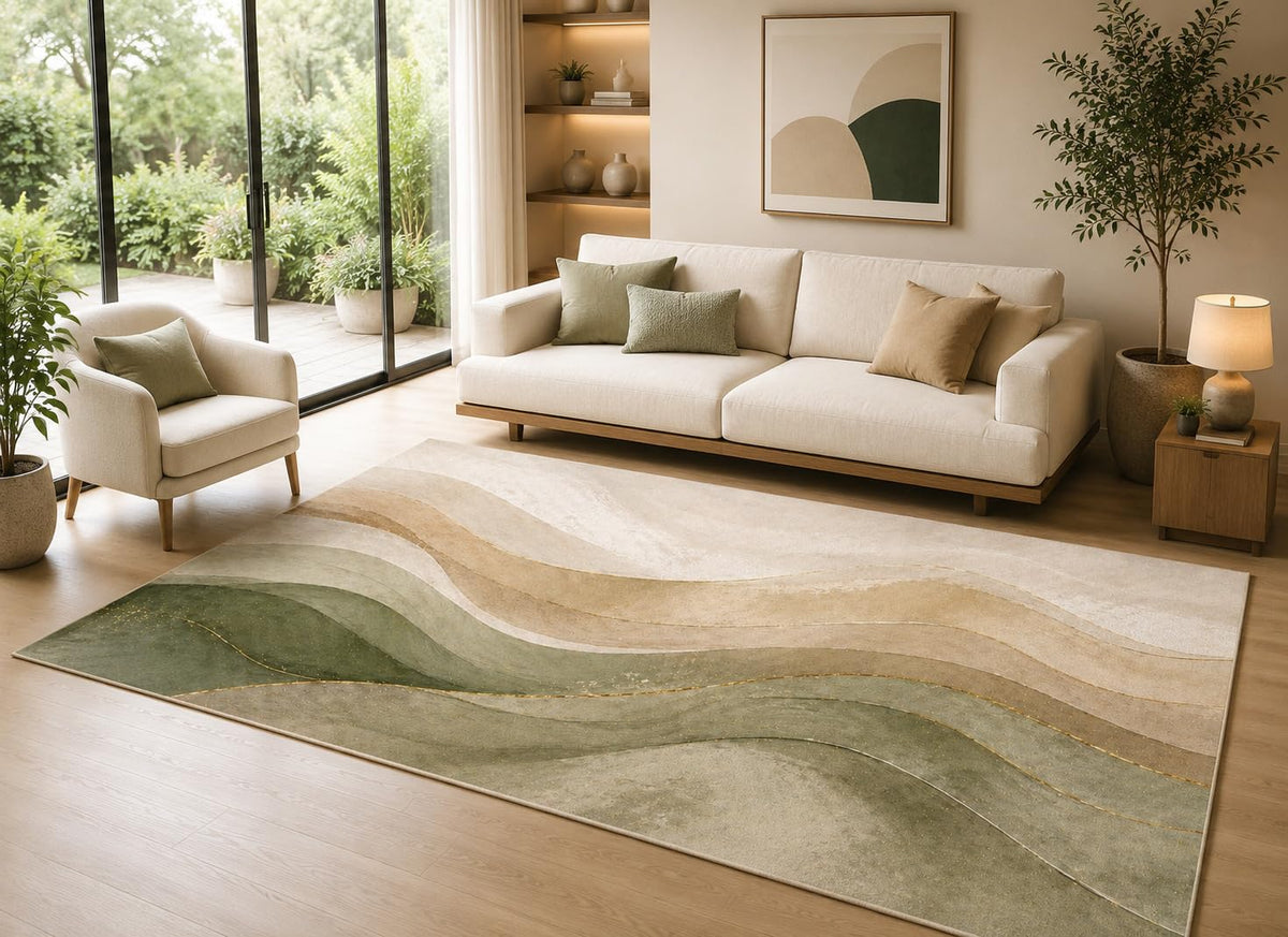 ICE ARMOR 6'7" x 9'10" Sage Green Waves Area Rug for Living Room, Soft Low Pile Indoor Rug with Non-Slip Silicone Backing, Decorative Carpet for Bedroom, Dining Room and Office, Green