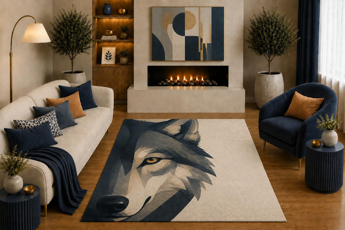 ICE ARMOR "Ultra Light Weight 5' x 7' Wolf Portrait Area Rug Modern Geometric Wildlife Art for Living Room Bedroom Office Cabin Lodge Decor Non-Slip Silicone Backing Low Pile