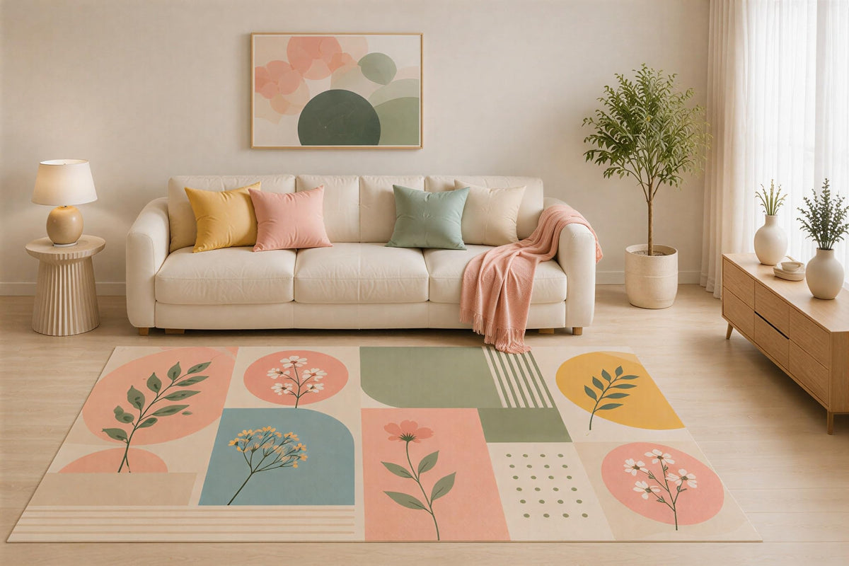 ICE ARMOR 5' x 7' Botanical Patchwork Area Rug, Pastel Floral Block Geometric Design for Living Room Bedroom Office, Non-Slip Silicone Backing, Low Pile Carpet