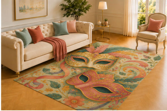 ICE ARMOR 5' x 7' Masquerade Mask Rug, Decorative Carnival Faces with Feathers, Ribbons and Floral Flourishes, Festive Floor Decor for Bedroom or Lounge