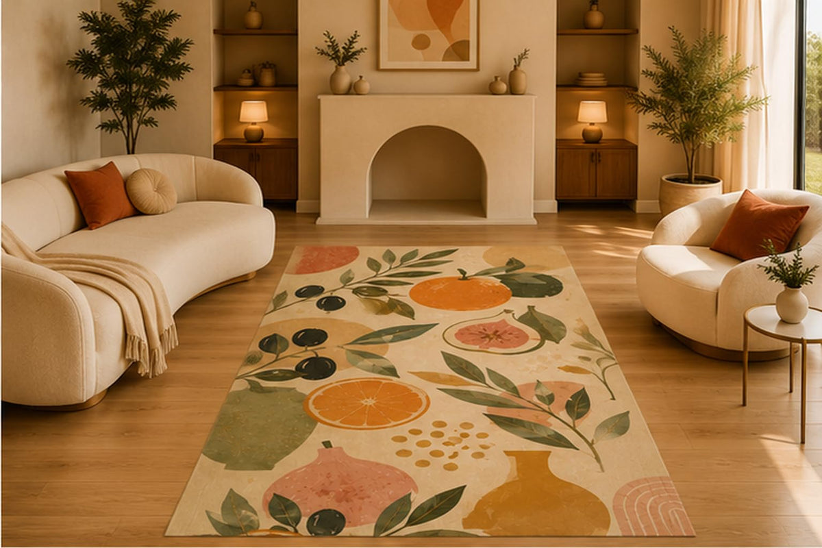 ICE ARMOR 5' x 7' Mediterranean Fruit Botanical Area Rug, Soft Low Pile Indoor Rug with Non-Slip Silicone Backing, Decorative Carpet for Living Room, Kitchen, Citrus