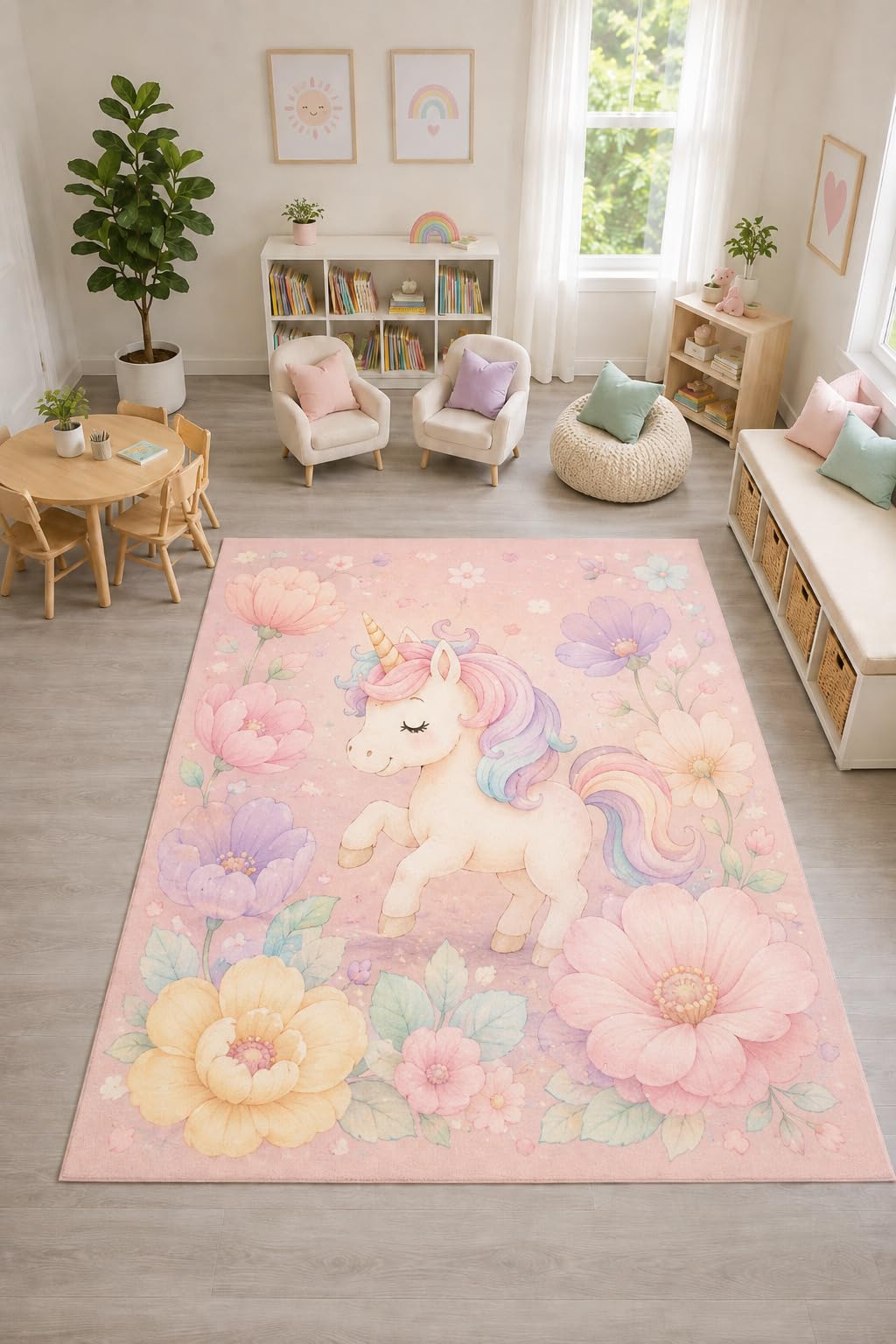 ICE ARMOR "Ultra Light Weight Large 6'7" x 9'10" Pastel Floral Unicorn Rug, Soft Low Pile Indoor Rug, Non-Slip Silicone Backing for Nursery Pink