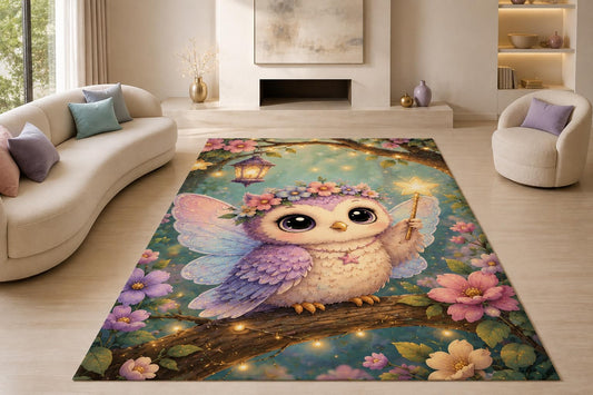 ICE ARMOR "Ultra Lightweight Large 6'7" x 9'10" Fairy Owl Garden Area Rug for Living Room, Bedroom and Home Office, Soft Low Pile Carpet with Non-Slip Silicone Backing, Purple and Pink