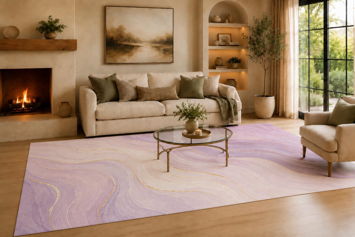 ICE ARMOR Large 6'7" x 9'10" Lavender and Cream Fluid Marble Streams Area Rug for Living Room, Soft Low Pile Carpet with Non-Slip Backing for Bedroom, Dining Room and Office