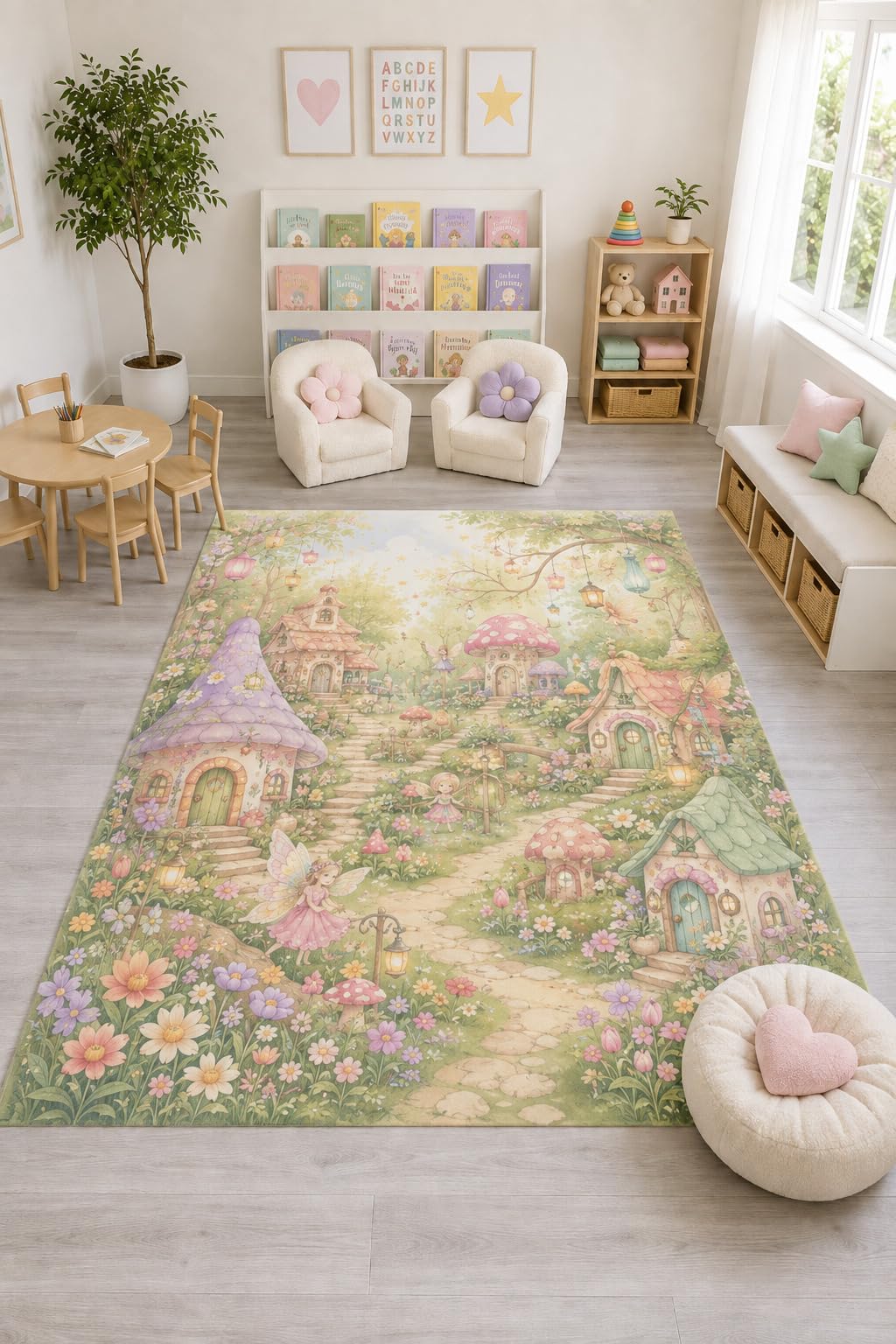 ICE ARMOR "Ultra Light Weight Large 6'7" x 9'10" Enchanted Fairy Village Rug, Soft Low Pile Indoor Rug, Non-Slip Silicone Backing for Playroom Green