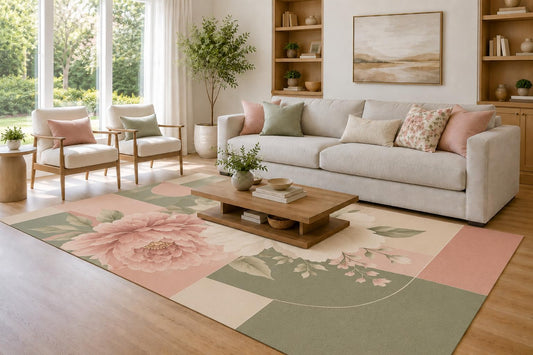 ICE ARMOR Large 6'7" x 9'10" Blush and Sage Green Geometric Peony Blocks Area Rug for Living Room, Soft Low Pile Carpet with Non-Slip Silicone Backing, Decor for Bedroom and Home Office