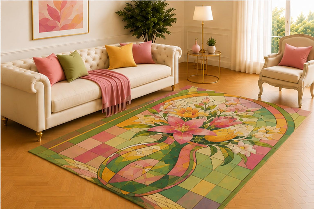 ICE ARMOR 5' x 7' Stained Glass Lily Rug, Pink, White and Yellow Blooms with Green Mosaic Panels, Elegant Decor for Living Room, Bedroom, Hallway or Sunroom