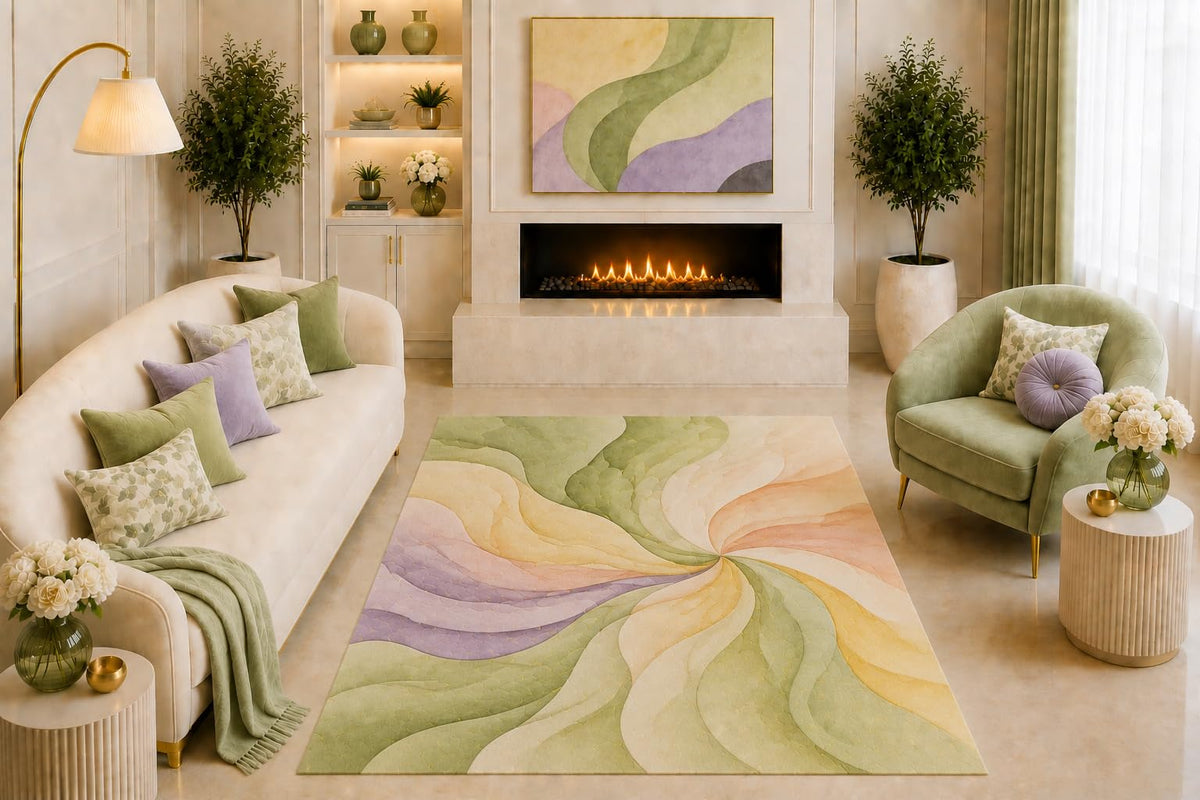ICE ARMOR "Ultra Light Weight 5' x 7' Pastel Abstract Swirl Area Rug Sage Green Cream Lavender Flowing Art for Living Room Bedroom Nursery Office Non-Slip Silicone Backing Low Pile