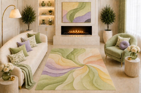 ICE ARMOR "Ultra Light Weight 5' x 7' Pastel Abstract Swirl Area Rug Sage Green Cream Lavender Flowing Art for Living Room Bedroom Nursery Office Non-Slip Silicone Backing Low Pile