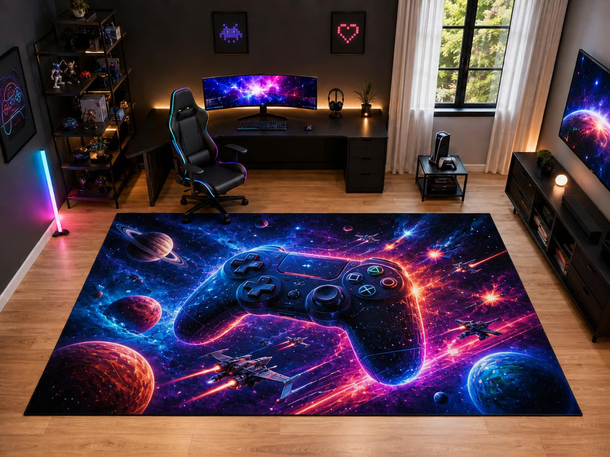 ICE ARMOR "Ultra Light Weight Large 6'7" x 9'10" Space Battle Game Controller Area Rug for Kids Room, Soft Low Pile Indoor Rug and Non-Slip Silicone Backing, Navy Blue