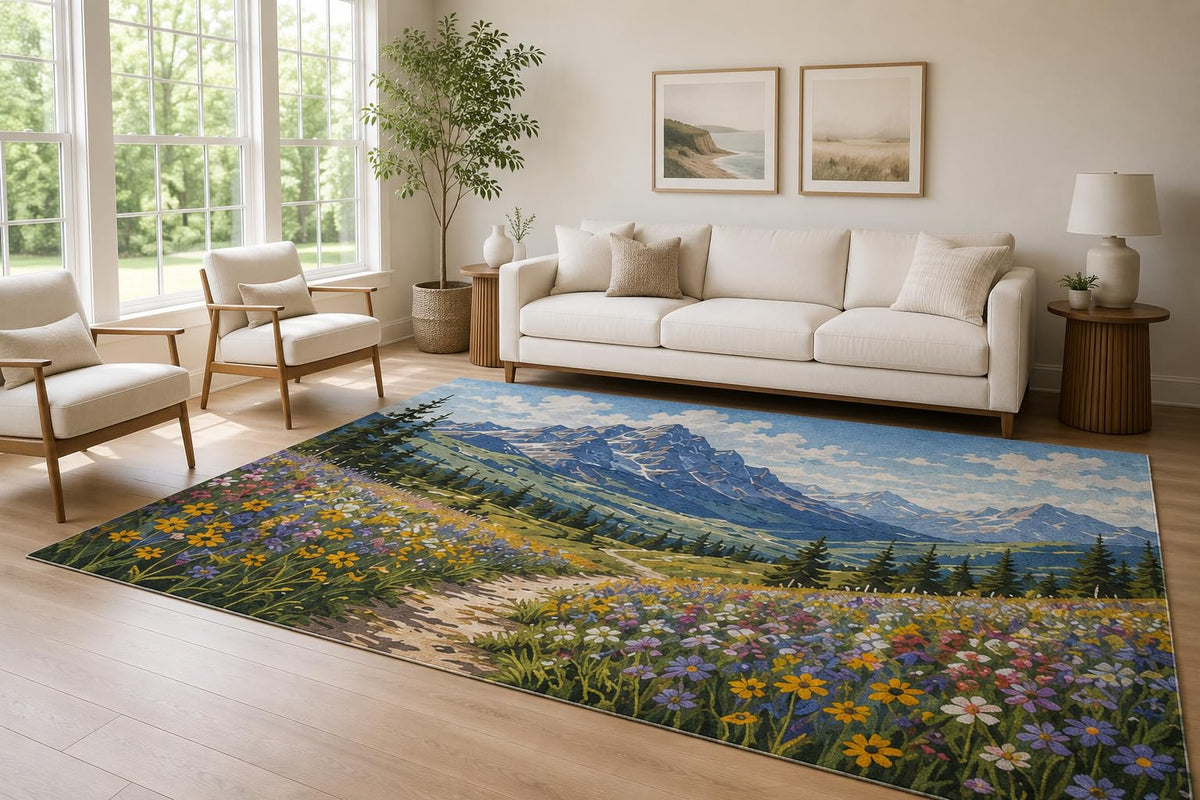 ICE ARMOR Large 6'7" x 9'10" Blue and Green Mountain Meadow Area Rug for Living Room, Soft Low Pile Carpet with Non-Slip Silicone Backing, Decor for Bedroom and Home Office