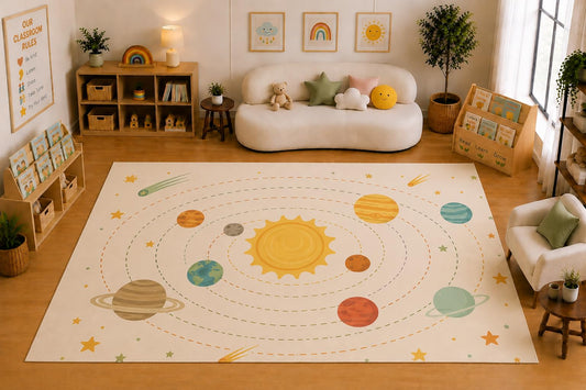 ICE ARMOR Large 6'7" x 9'10" Solar System Planets Learning Area Rug for for Kids Room, Classroom, Bedroom, Playroom Decor, Soft Low Pile Indoor Rug with Non-Slip Silicone Backing, Cream Multicolor